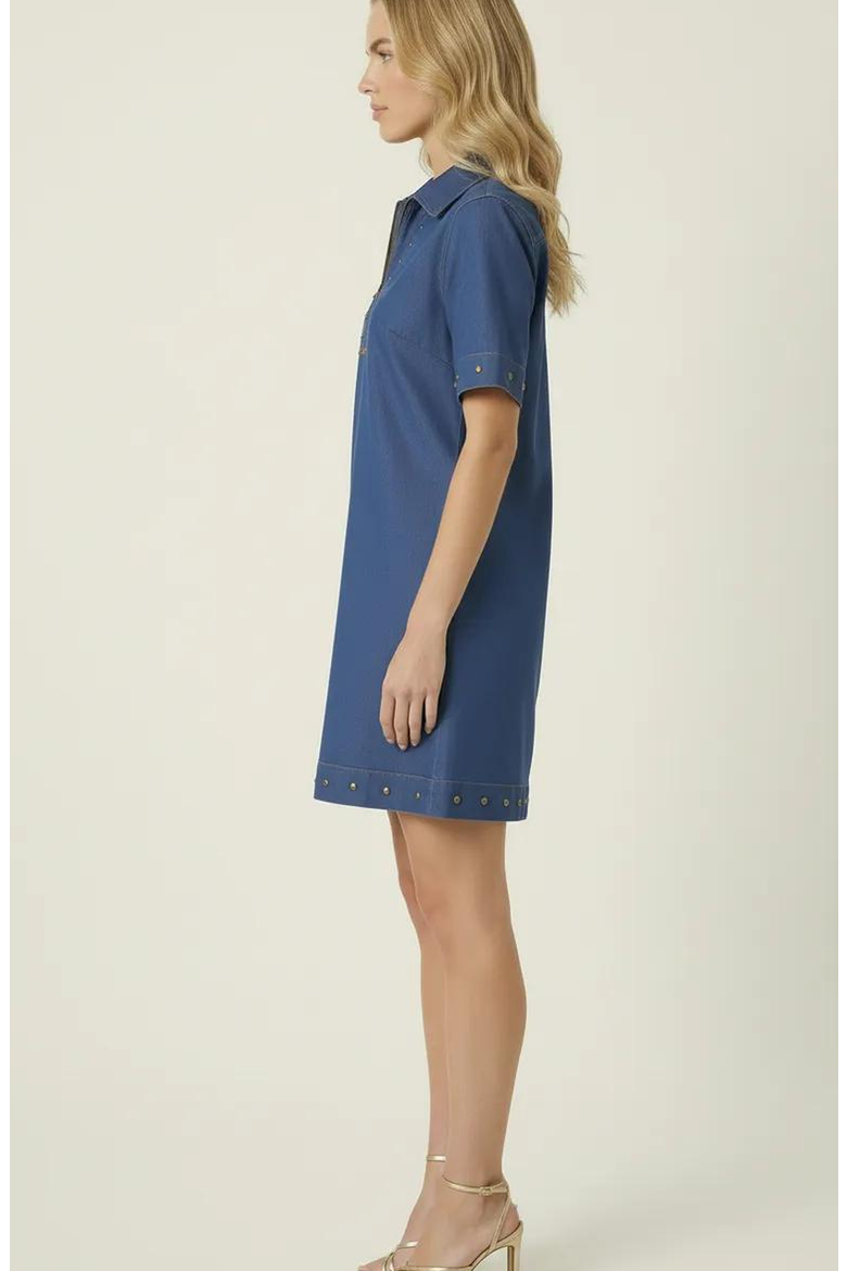 Studded Half-Zip Collared Denim Mini Dress, Alternate, color, Mid-Wash Blue