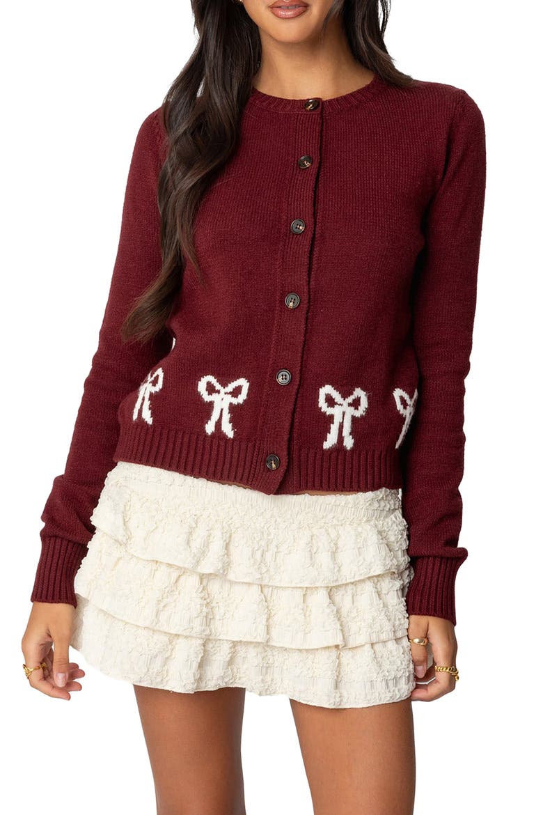 Rona Intarsia Bow Cardigan, Main, color, BURGUNDY