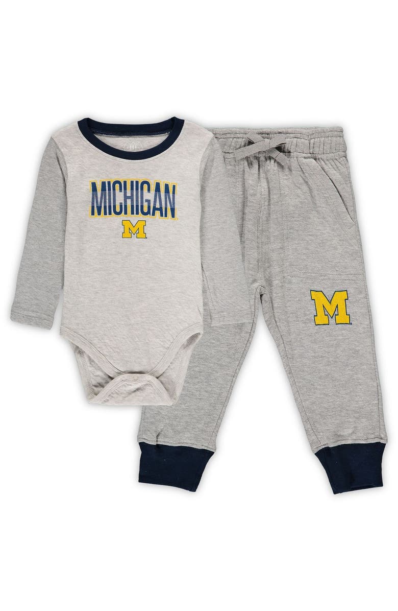 Wes & Willy Infant Wes & Willy Heathered Gray/Navy Michigan Wolverines Jie Jie Long Sleeve Bodysuit & Pants Set, Main, color, Heather Gray