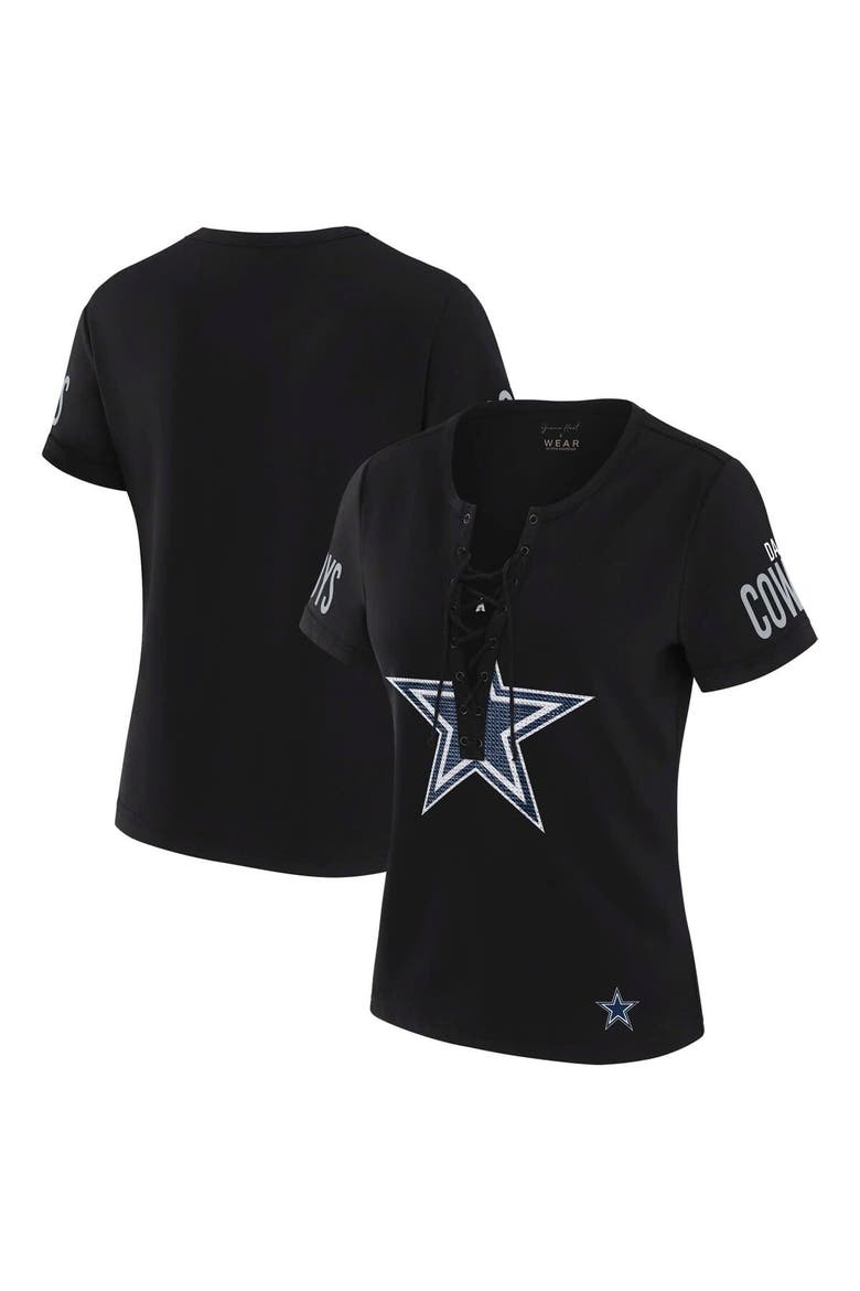 Women's WEAR by Erin Andrews x Gracie Hunt Black Dallas Cowboys Draft Me Lace-Up T-Shirt, Main, color, Black