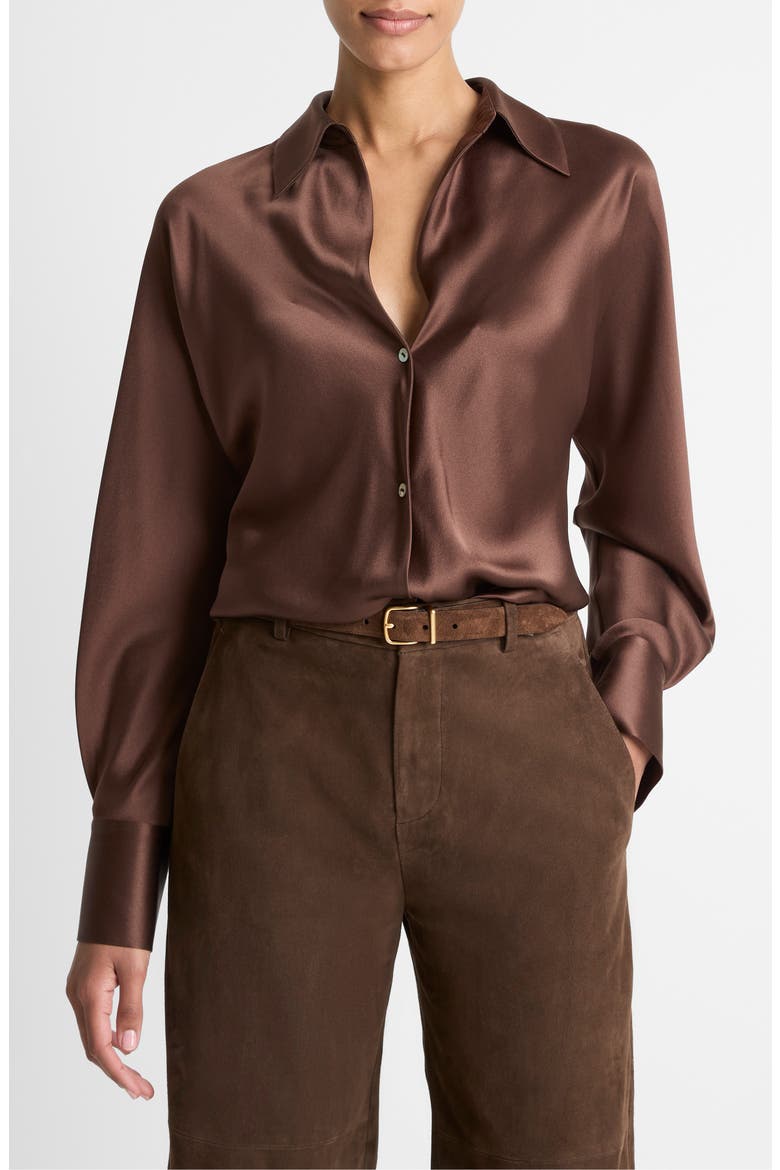 Silk Button-Up Shirt, Main, color, ESPRESSO