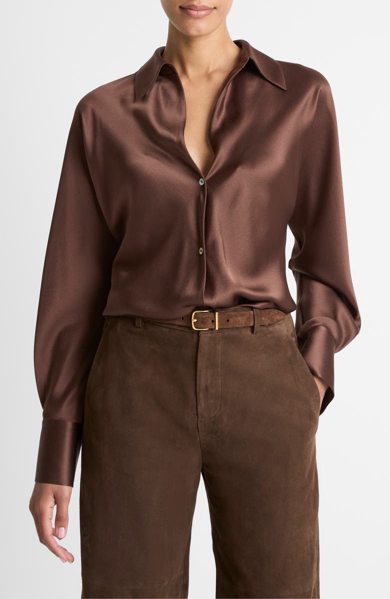 Vince Silk Button-Up Shirt, Main, color, Espresso