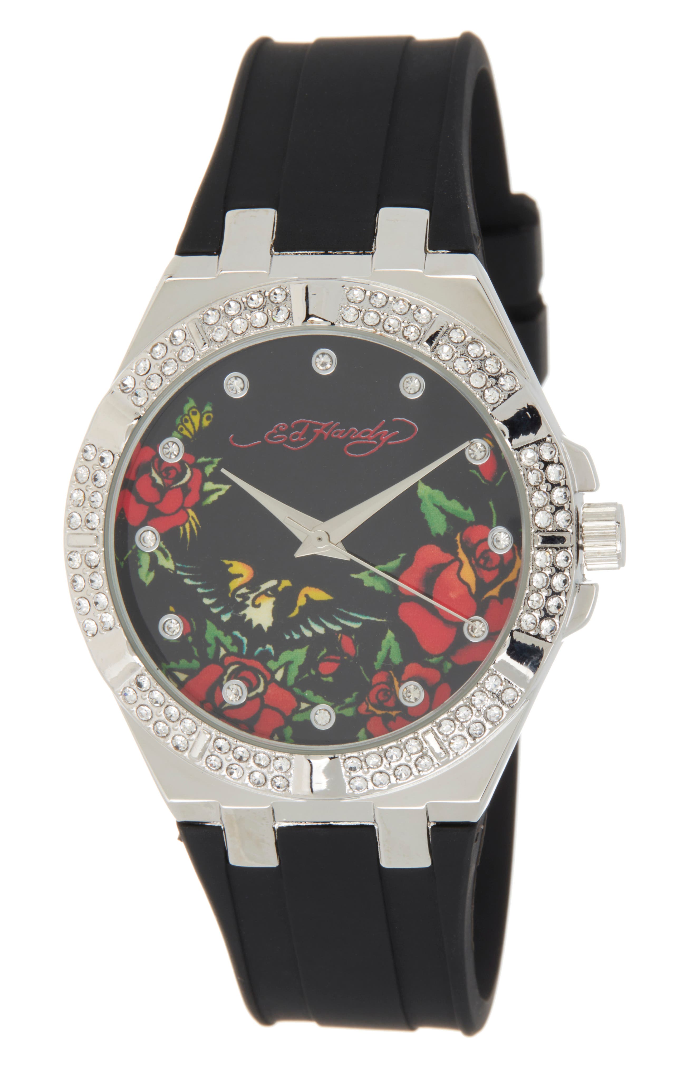 Ed Hardy Crystal Rose Dial Silicone Strap Watch, 38mm x 42mm (Women ...