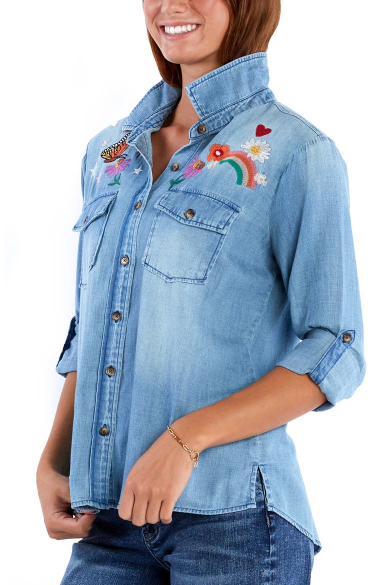 Happy Place Embroidered Denim Button-Up Shirt, Alternate, color, DENIM