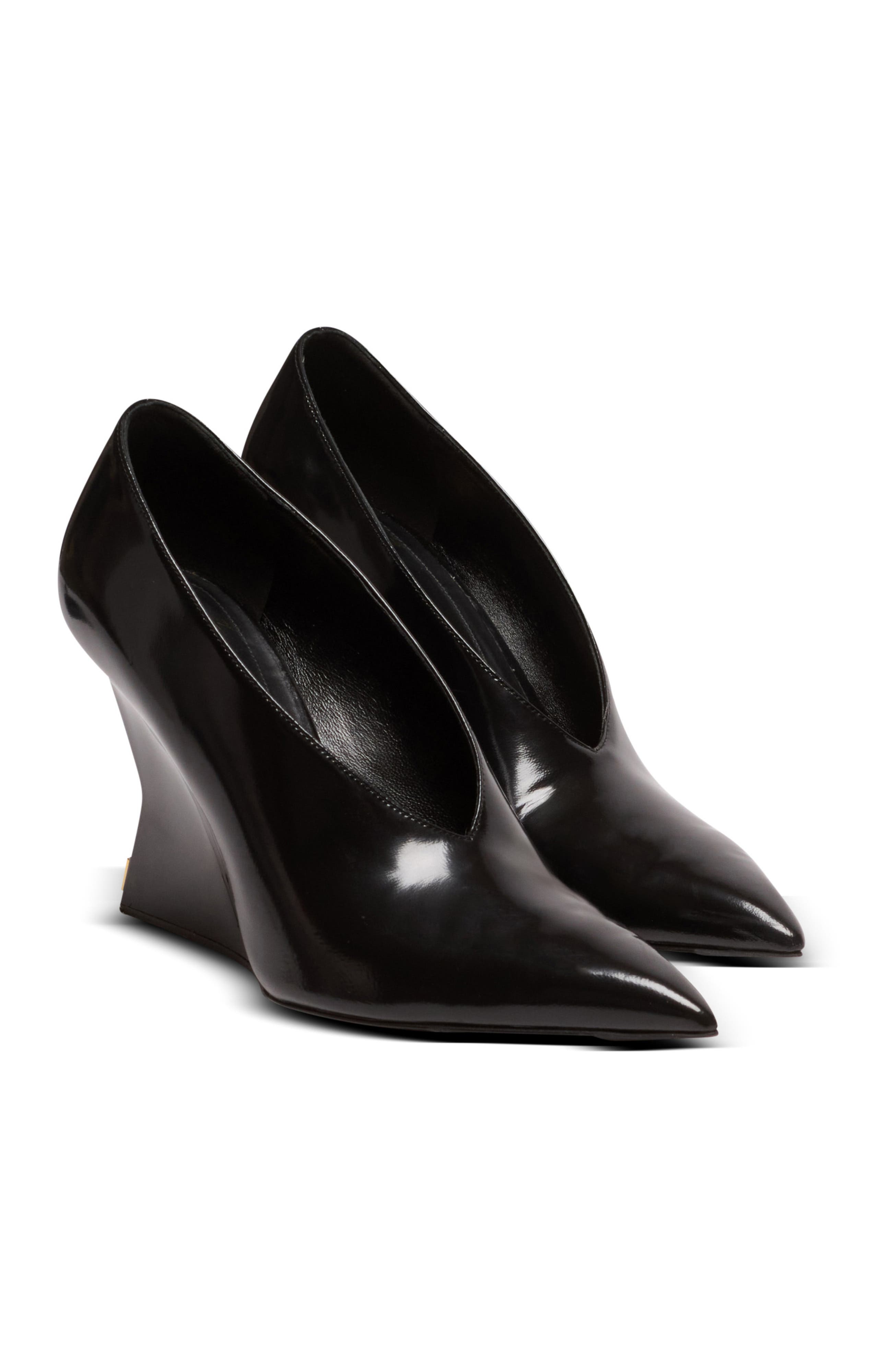 Shiny lambskin Wedge pumps, Main, color, black