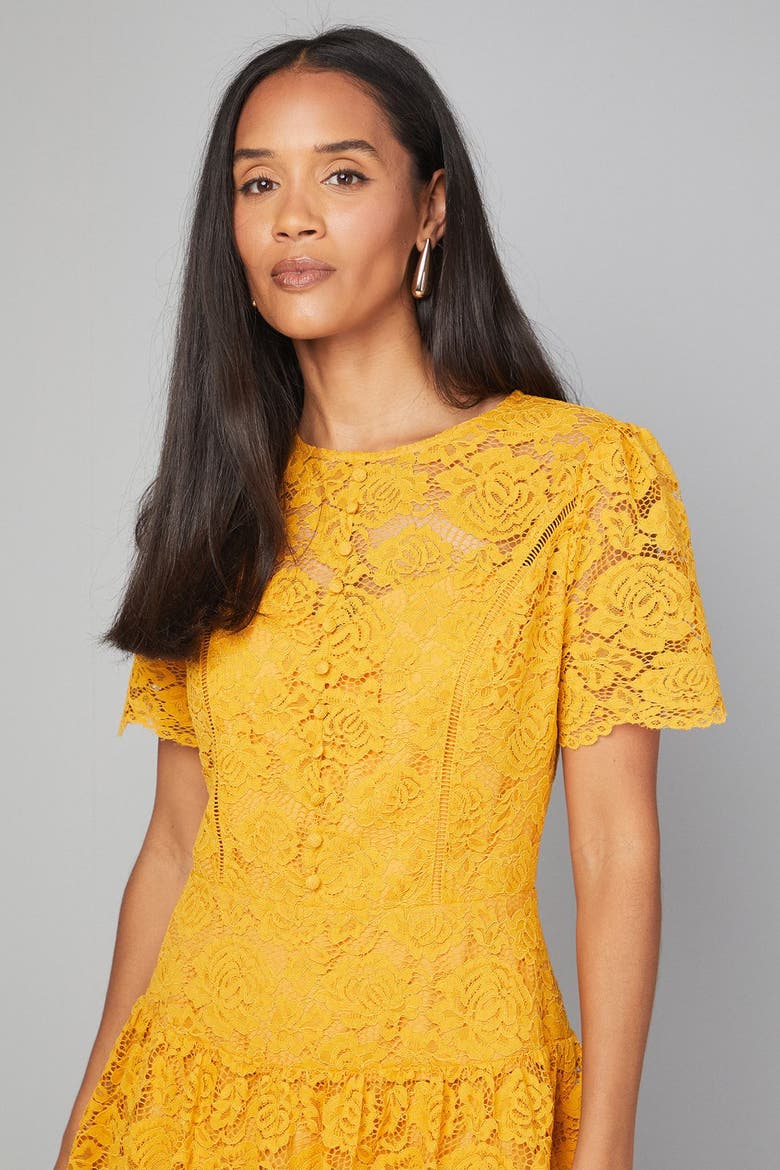 Lace Button Detail Drop Hem Midi Dress, Alternate, color, Mustard