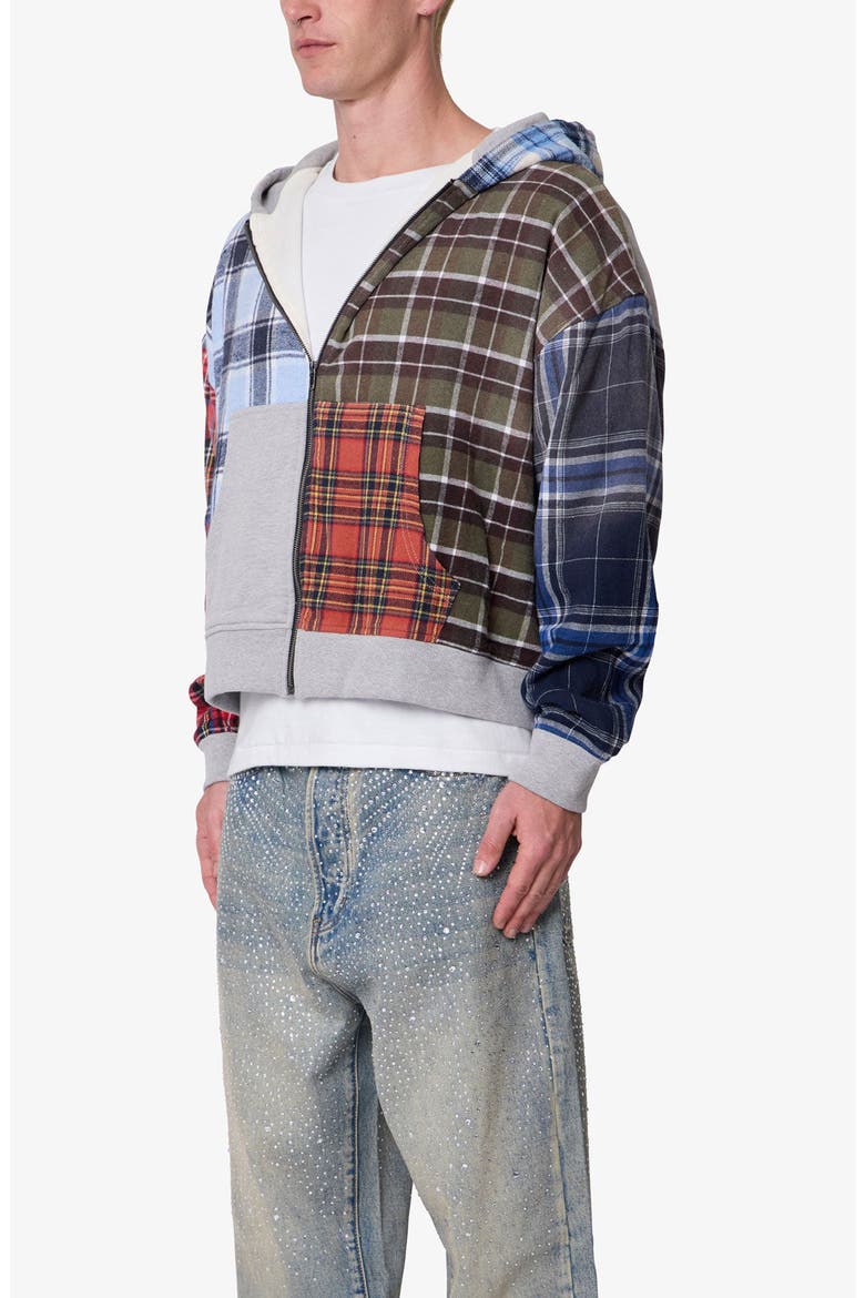 Patchwork Flannel Zip Crop Hoodie, Alternate, color, MULTI