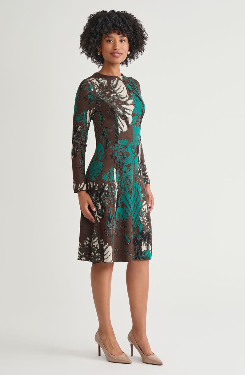 Ming Wang A-Line Floral Jacquard Soft Knit Midi Dress, Alternate, color, Everest/Dark Umber/Twig/Black