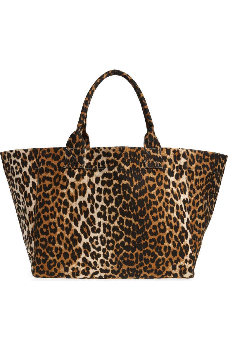 Ganni XXL Leopard Print Recycled Cotton Shopper Tote, Alternate, color,