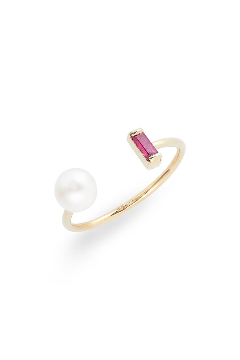 Ruby Baguette & Genuine Pearl Open Ring, Main, color, YELLOW GOLD