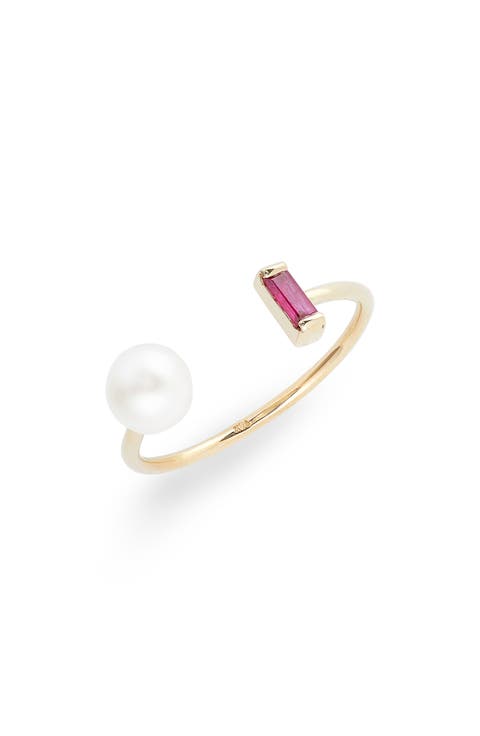 Ruby Baguette & Genuine Pearl Open Ring