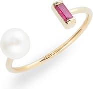 Poppy Finch Ruby Baguette & Genuine Pearl Open Ring