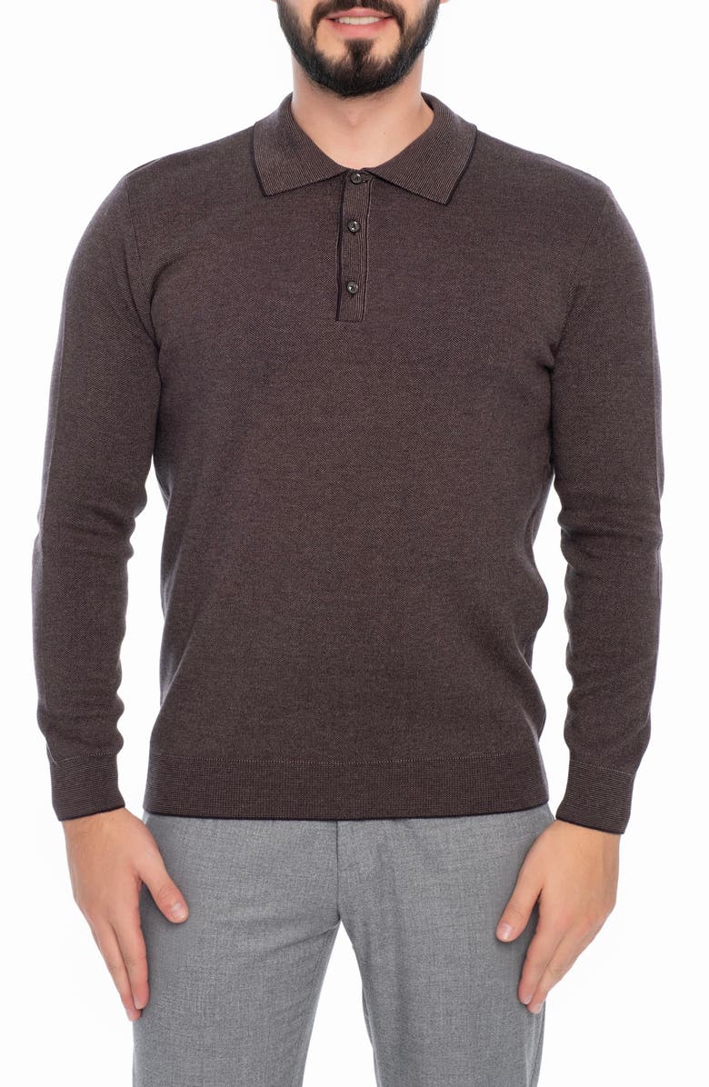 VELLAPAIS Long Sleeve Cotton Polo, Main, color, Brown