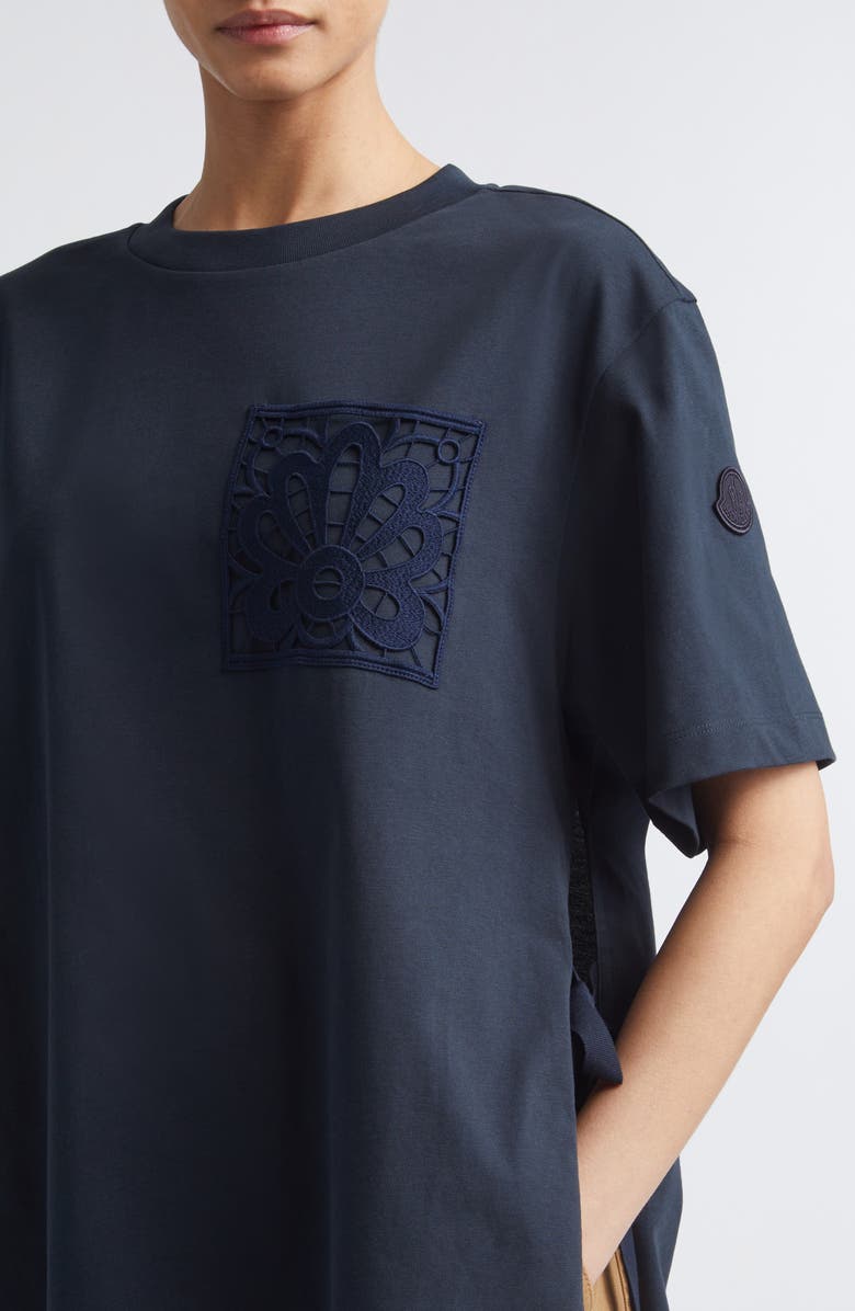 Moncler Lace Trim Cotton T-Shirt, Alternate, color, Navy Blue