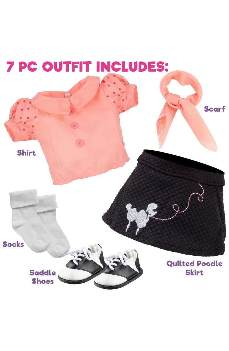 Dress Along Dolly Poodle Skirt Doll Outfit for American 18" Girl Dolls (5 Piece Set)- 1950's Costume Clothes Include Scarf, Skirt, Shirt, Socks, Shoes, Alternate, color, Pink
