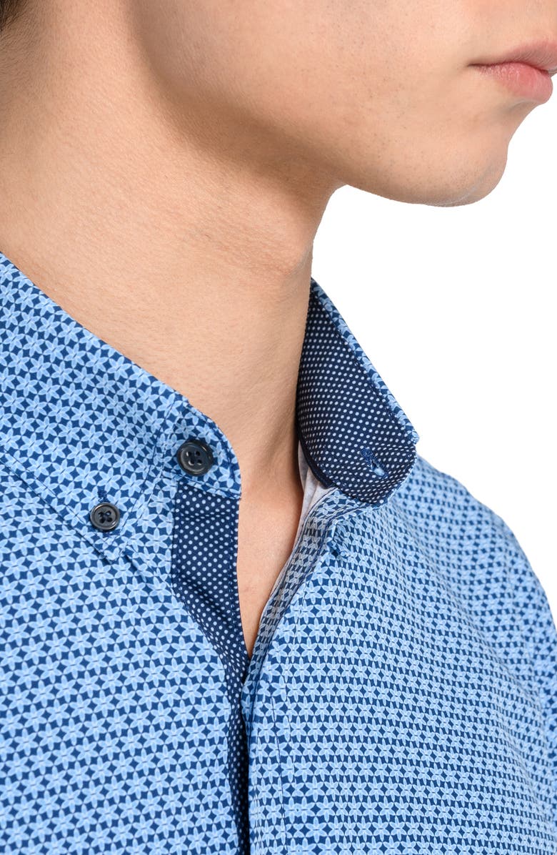 CONSTRUCT Flower Geo Short Sleeve Woven Button Down Shirt, Alternate, color, Blue