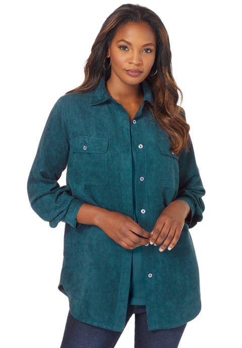 Extended Plus Size Faux Suede Button Front Shirt