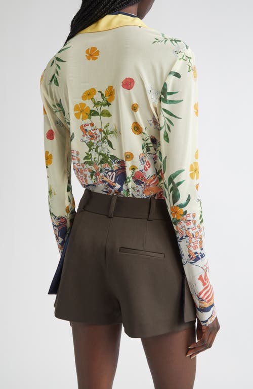 Monse Floral/football Mesh Long Sleeve Polo In Multi