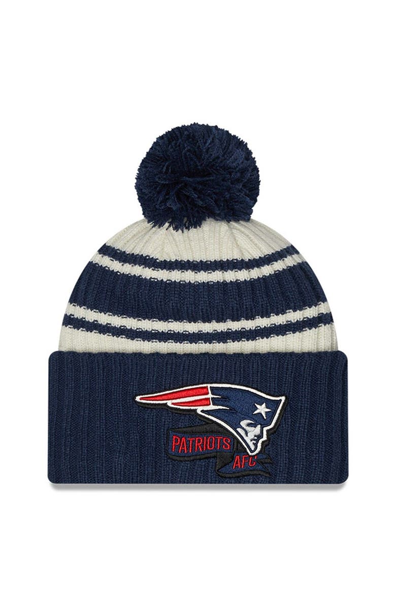 Youth New Era  Cream/Navy New England Patriots 2022 Sideline Sport Cuffed Pom Knit Hat, Main, color, Cream