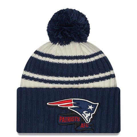 Youth New Era  Cream/Navy New England Patriots 2022 Sideline Sport Cuffed Pom Knit Hat