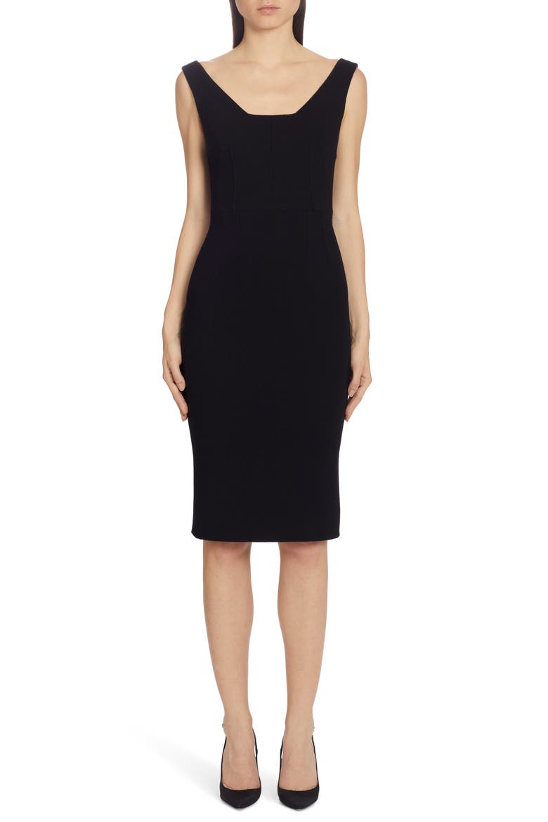 Square Neck Wool Crepe Sheath Dress, Main, color, BLACK
