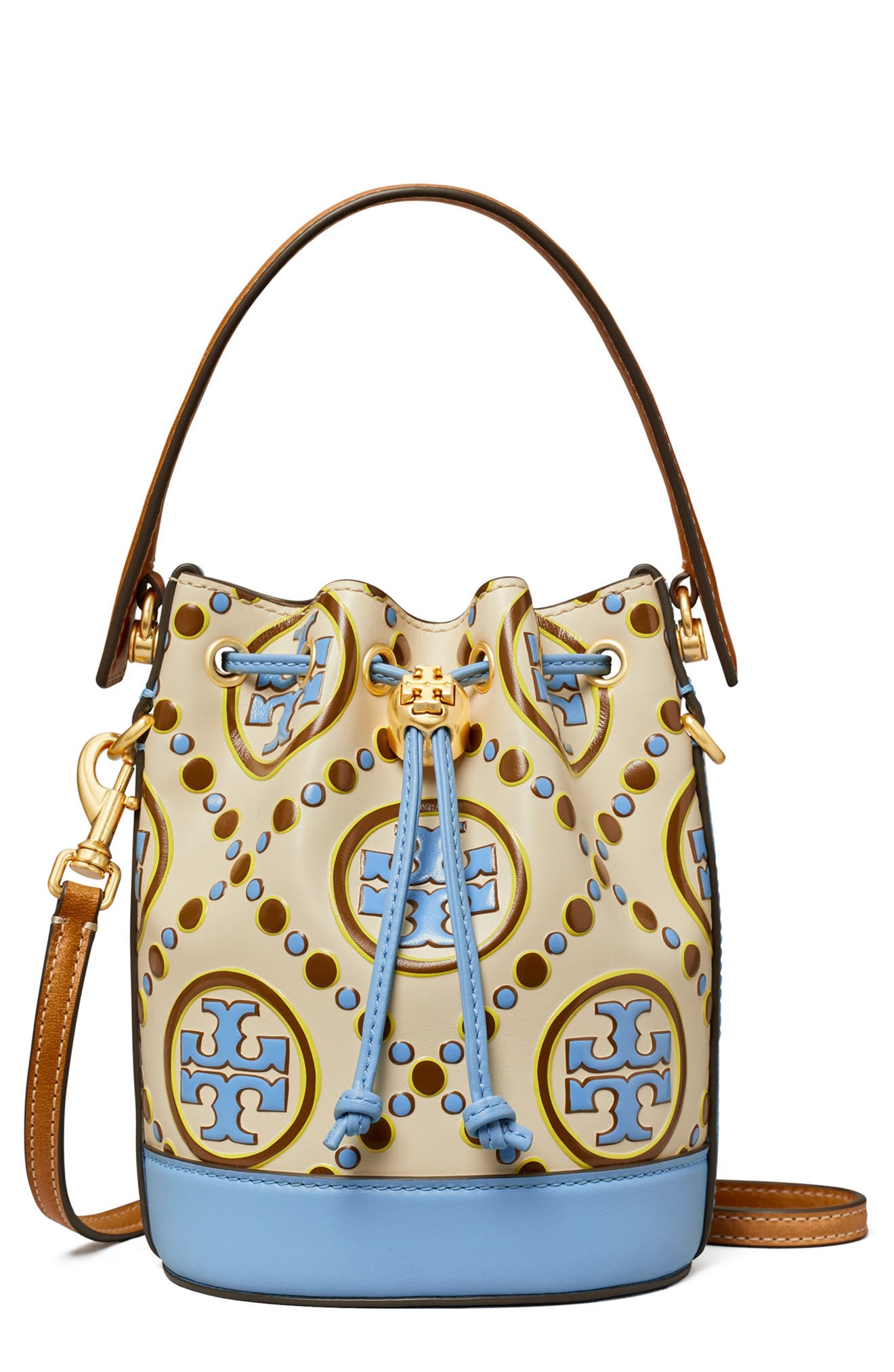 Tory Burch Mini T Monogram Embossed Contrast Bucket Bag, Main, color, 