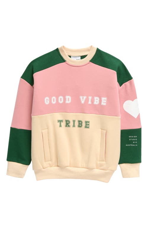 TINY TRIBE Kids' Good Vibe Colorblock Cotton Graphic Sweatshirt in Pink Multi 