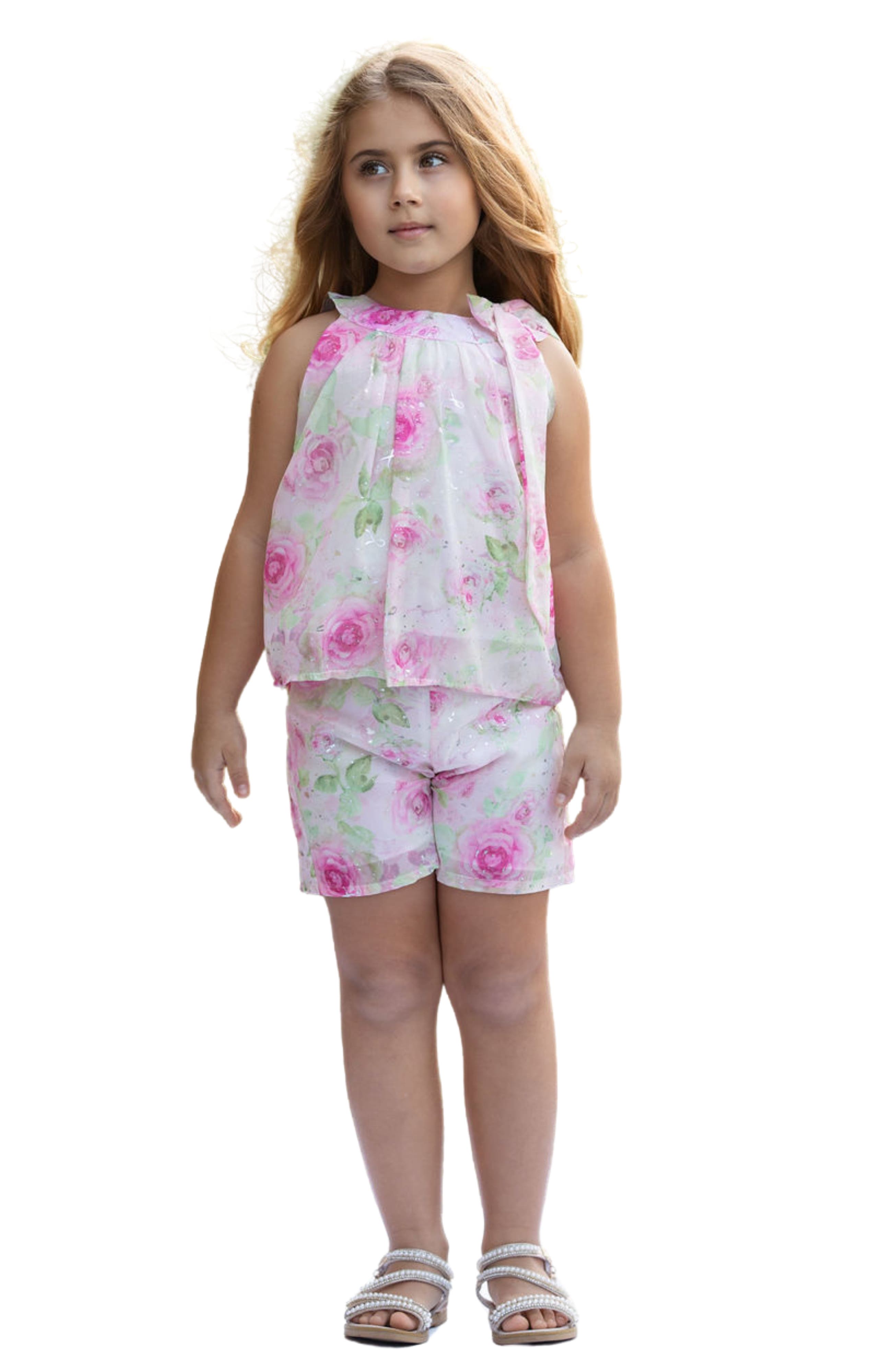 Mia Belle Girls Girls Blooming Blush Floral Chiffon Top and Short Set in Pink 