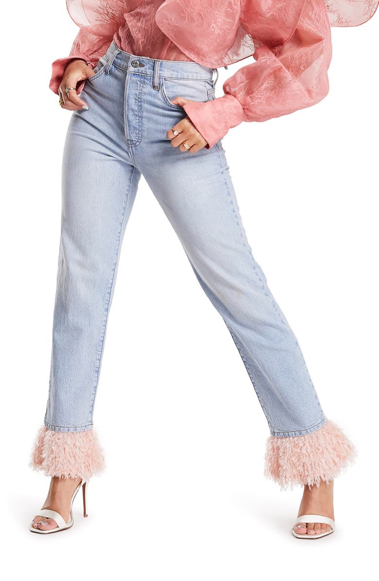 ASOS DESIGN Faux Feather Hem Straight Leg Jeans, Main, color, 