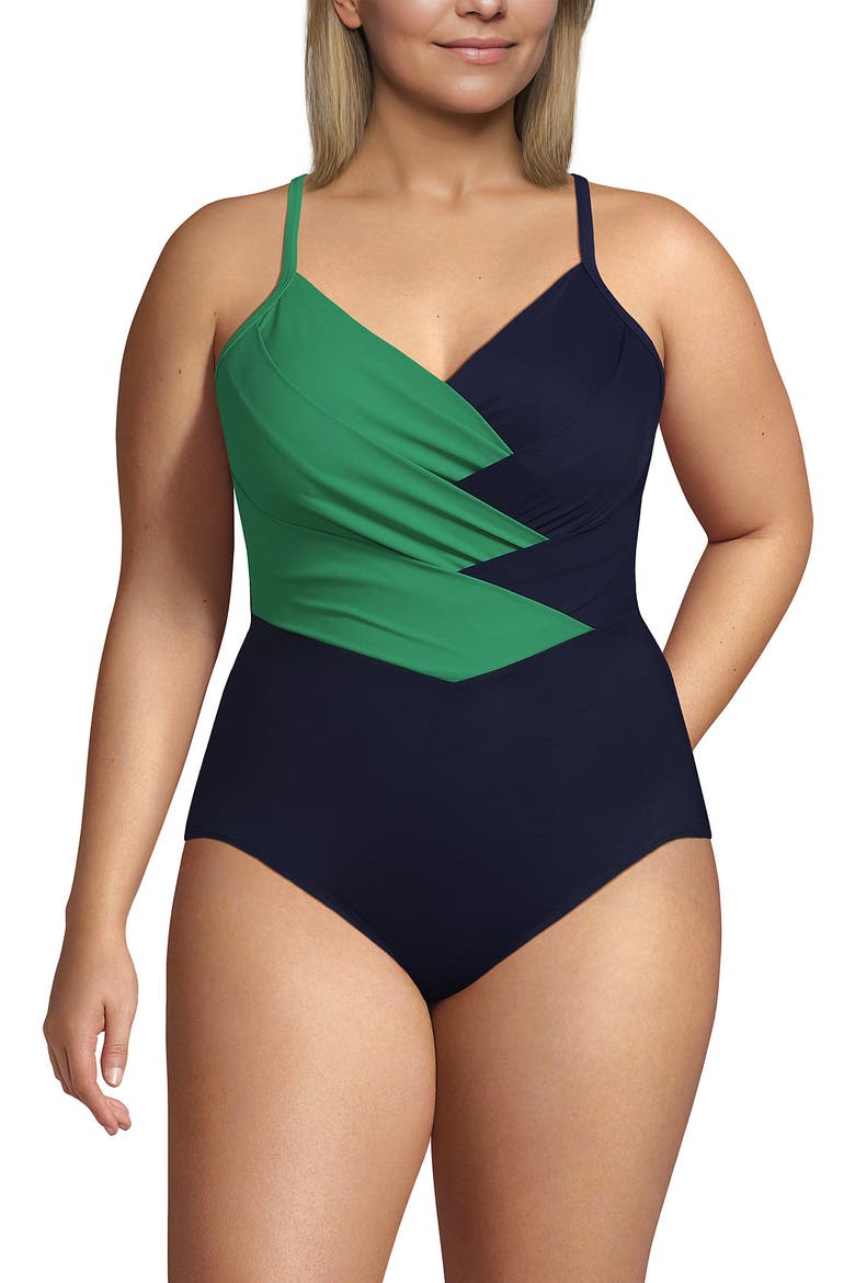 Slender Suit V-neck Pleated X-back One Piece Swimsuit Adjustable Straps, Alternate, color, Green/Navy