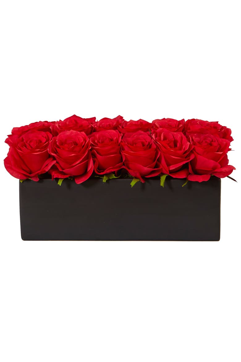 Dozen Artificial Roses in Ceramic Rectangular Planter, Main, color, Red
