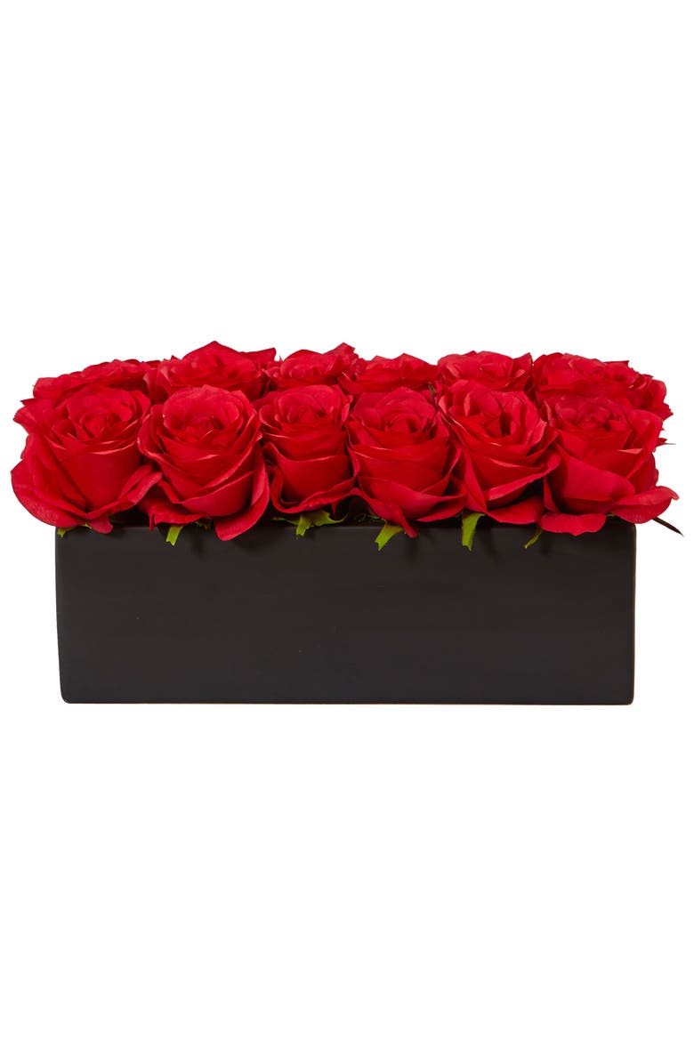 NEARLY NATURAL Dozen Artificial Roses in Ceramic Rectangular Planter, Main, color, Red