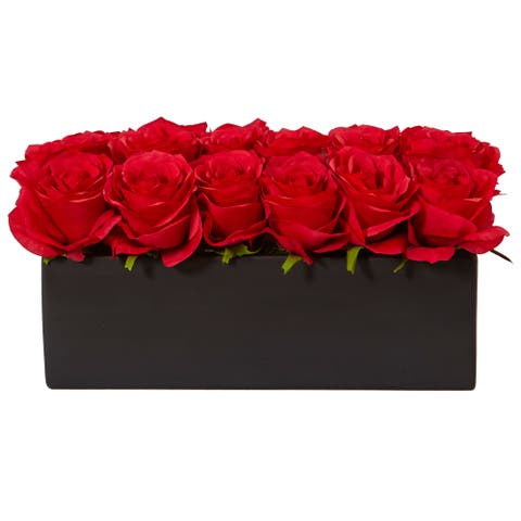 Dozen Artificial Roses in Ceramic Rectangular Planter