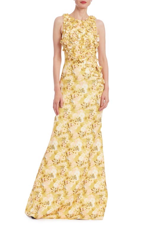 Badgley Mischka Floral-print Scuba Trumpet Gown In Yellow Multi