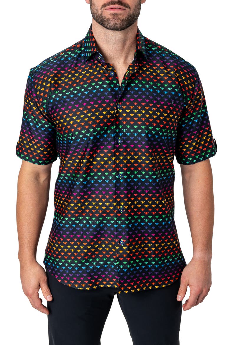 Galileo Beerainbow Black Short Sleeve Button-Up Shirt, Main, color, BLACK
