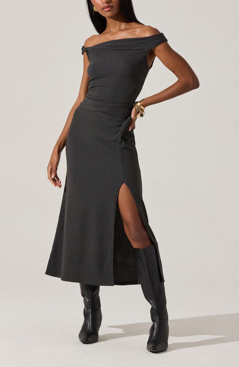 ASTR the Label Lindy Textured Knit Twist Waist Midi Skirt, Alternate, color, Charcoal