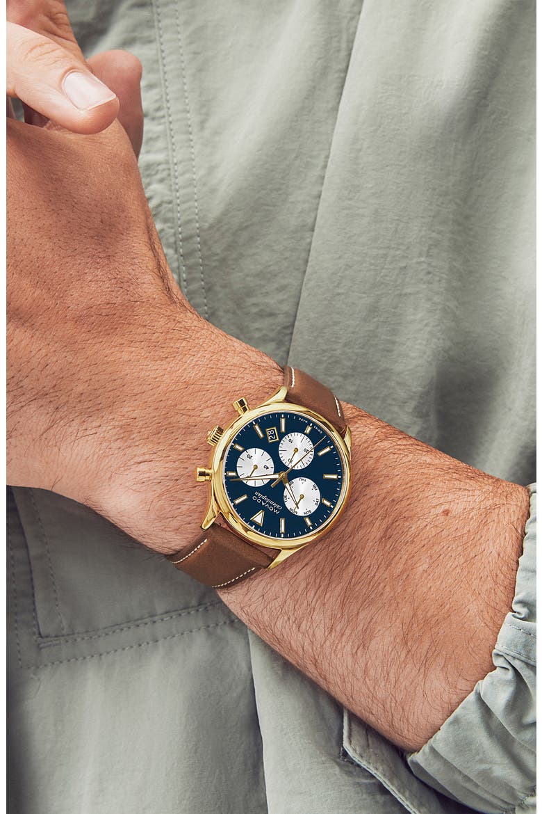 Heritage Chronograph Leather Strap Watch, 43mm, Alternate, color, BLUE