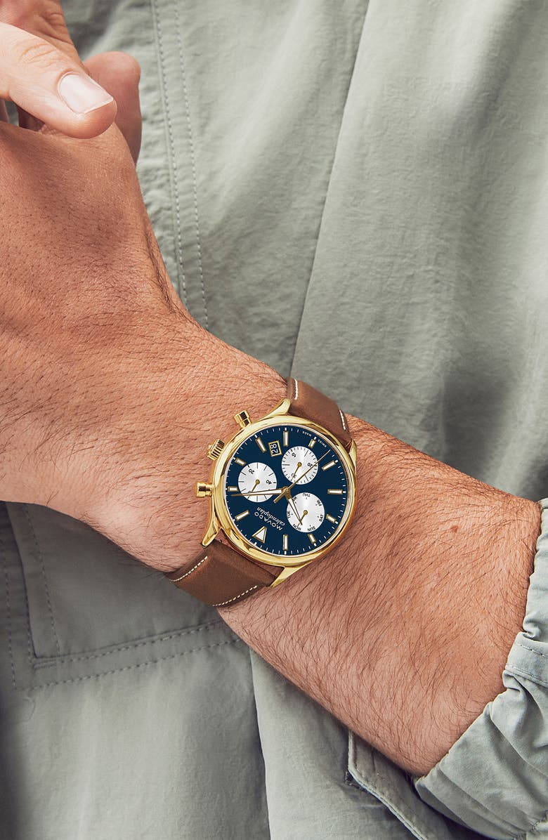 Movado Heritage Chronograph Leather Strap Watch, 43mm, Alternate, color, Blue