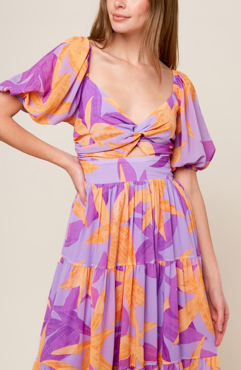 FLYING TOMATO Puff Sleeve Tiered Maxi Dress, Alternate, color, Lavender Orange