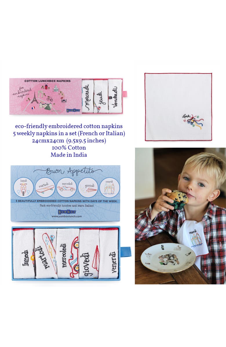 Yumbox Reusable Embroidered Cotton Napkin Set - Days of the Week in Italian, Alternate, color, Blue