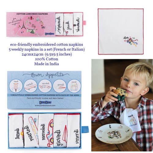 Yumbox Reusable Embroidered Cotton Napkin Set In Blue