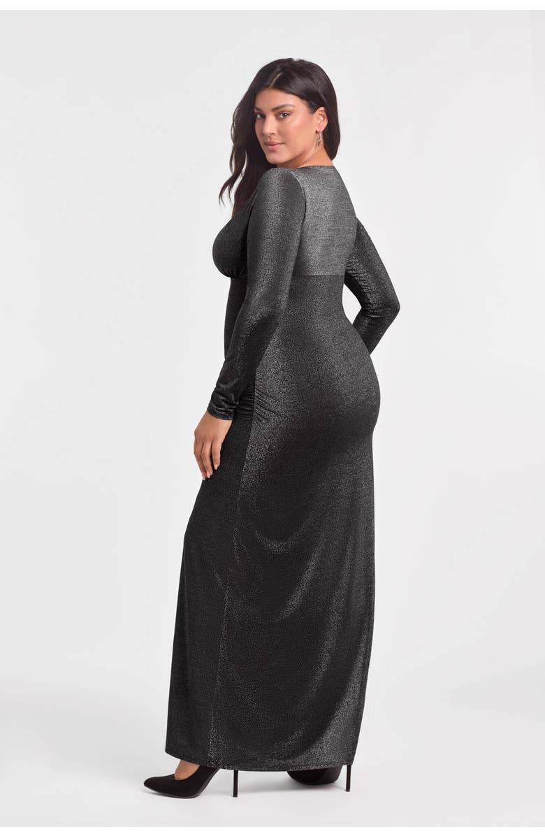 S3 Sculpting Shapewear Shirred V-Neck Long Sleeve Metallic Maxi Dress, Alternate, color, Onyx Black