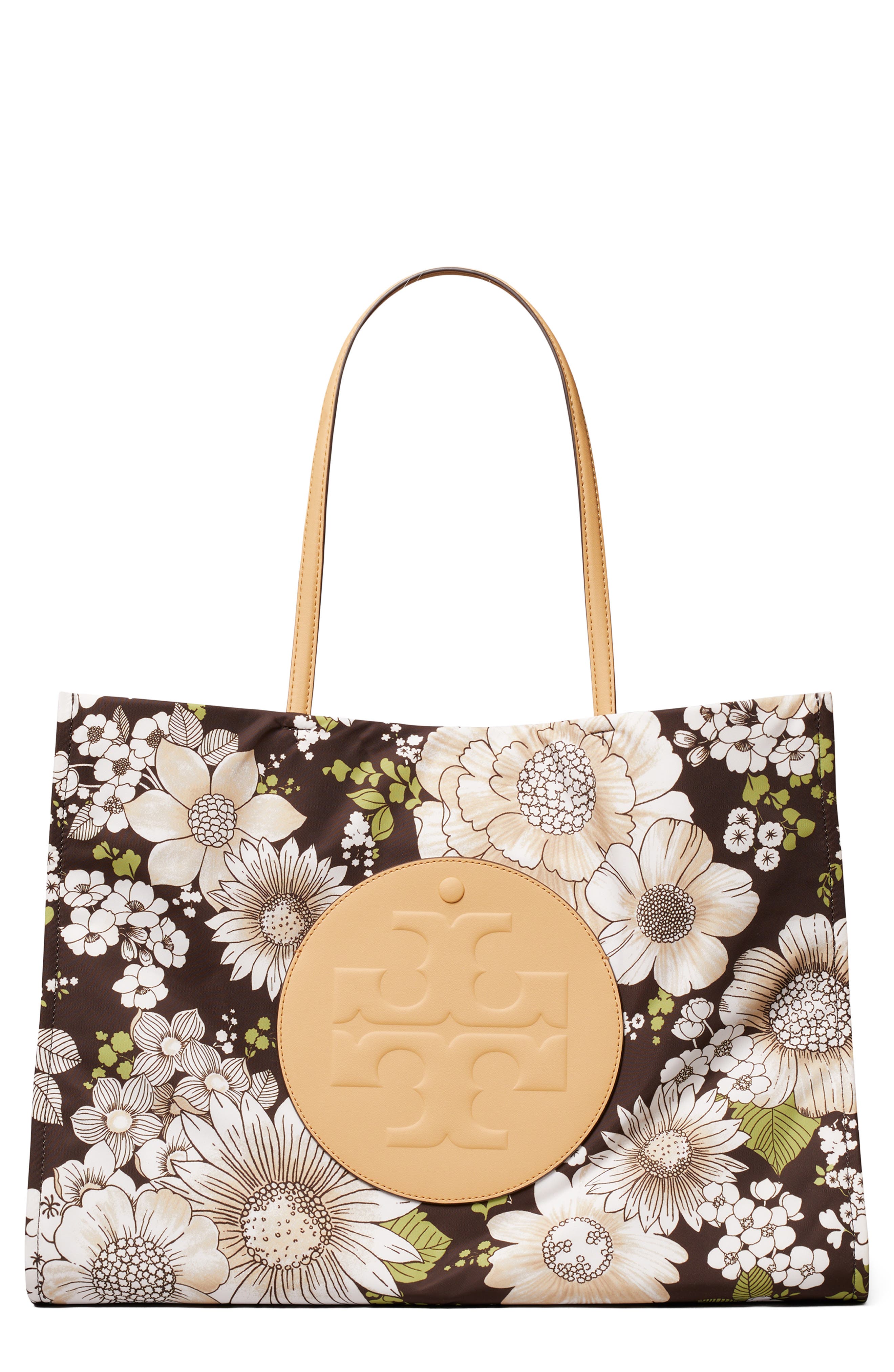 Ella Nylon Printed Tote, Main, color, FLORAL GREEN/ BROWN