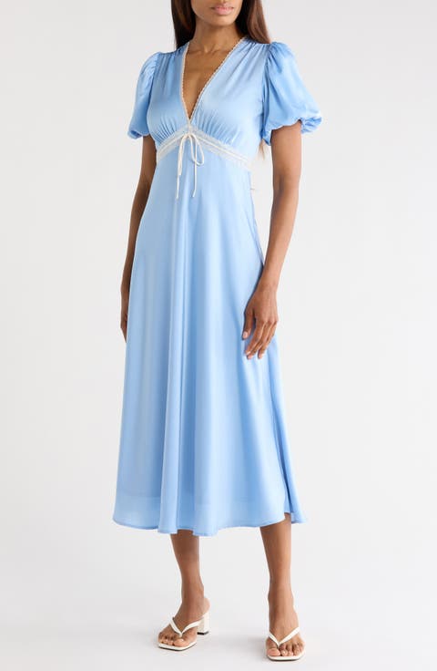 Lace Trim Puff Sleeve Midi Dress