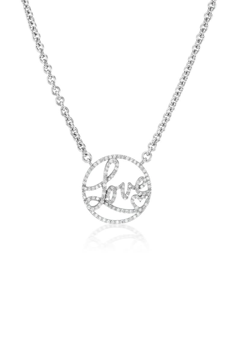 Diamond "Love" Script Necklace, Main, color, Sterling Silver
