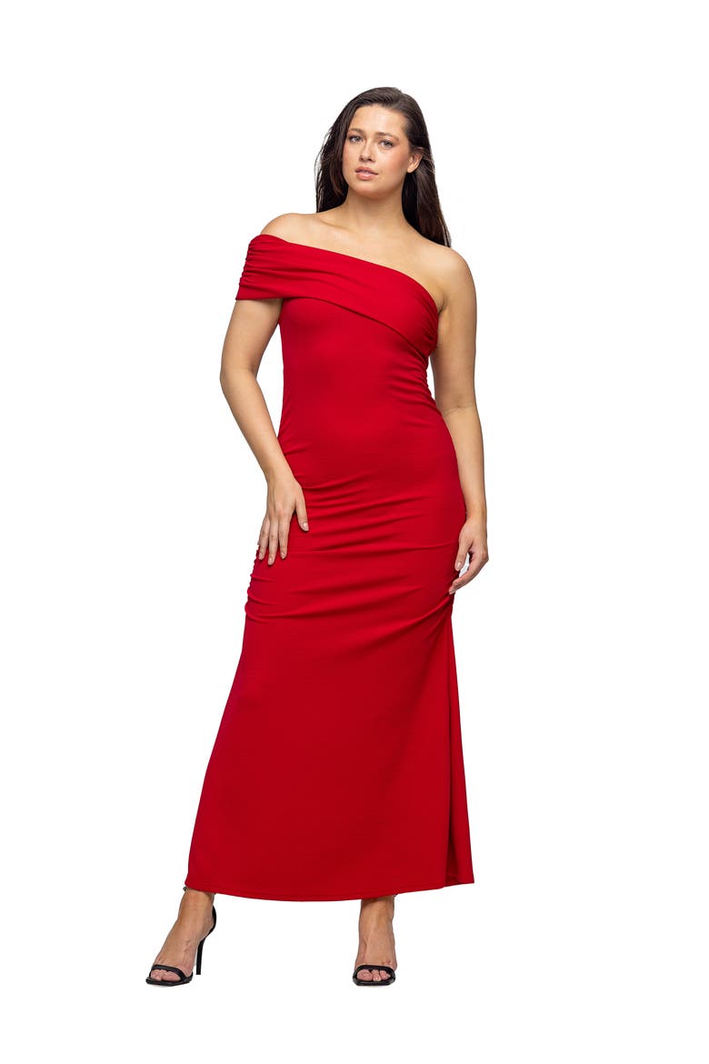 Formal One Shoulder Rouched Mermaid Maxi Dress, Main, color, Ruby