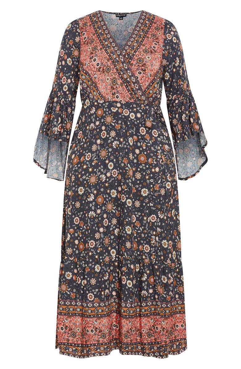 City Chic Adhara Mixed Print Long Sleeve Maxi Dress, Main, color, Grey