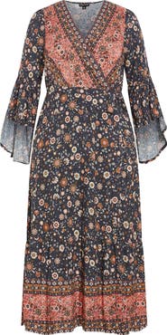 City Chic Adhara Mixed Print Long Sleeve Maxi Dress