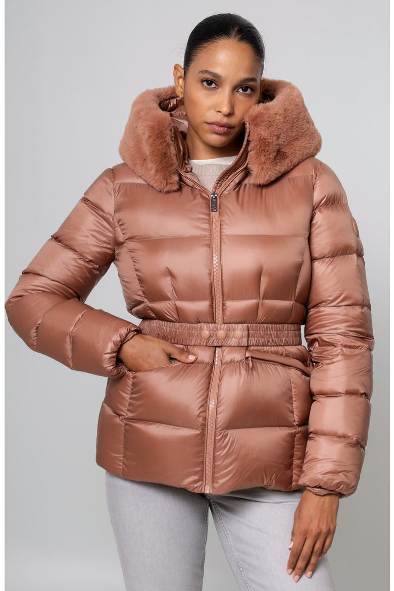 Lux Faux Fur Lined Water Resistant Recycled Nylon Down Puffer Jacket, Alternate, color, MOCHA