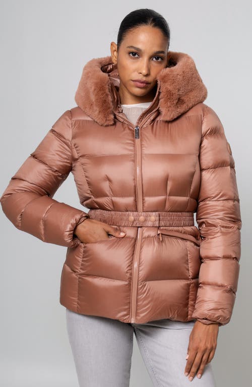 The Recycled Planet Company Lux Faux Fur Lined Water Resistant Recycled Nylon Down Puffer Jacket In Brown